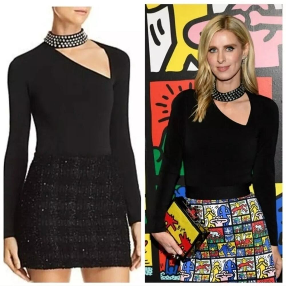 Alice + Olivia Kayson Black Crystal Embellished Cutout Bodysuit Top Party L NWT